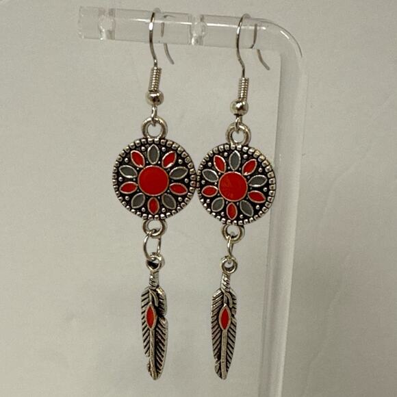 Silver & Red Boho Feather Dangle Earrings Western Mandala Drop Design - Picture 4 of 4